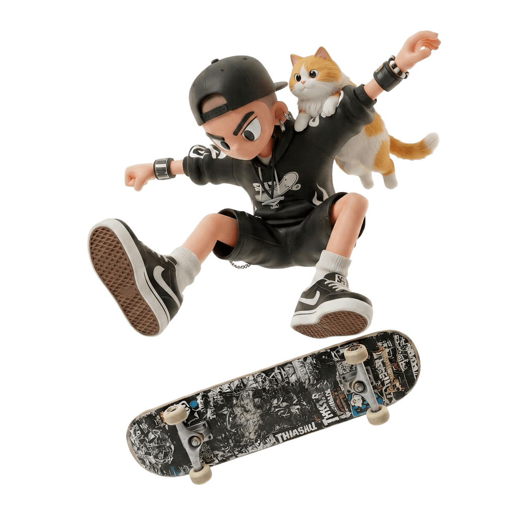 3D illustration of Hung Nguyen mid-air on a skateboard with a cat on his shoulder