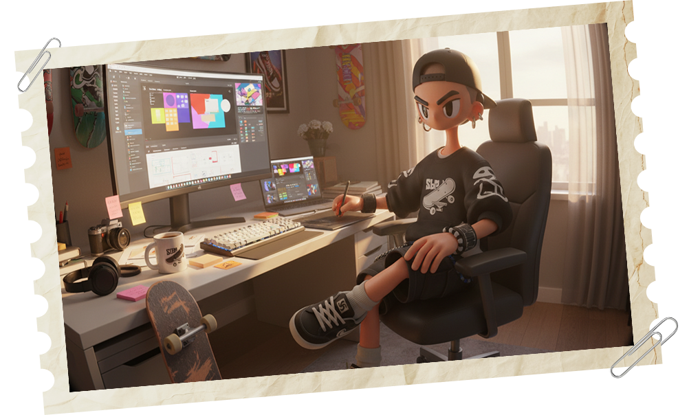 A young designer at a desk with dual monitors and a design tool open.