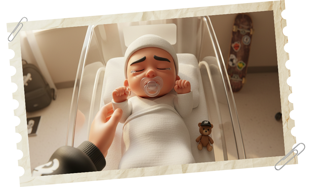 A hand reaching toward a newborn resting in a hospital bassinet.